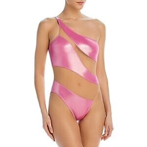 Norma Kamali Large Swim One Piece Snake Mesh Mio Metallic Pink One Shoulder NWT